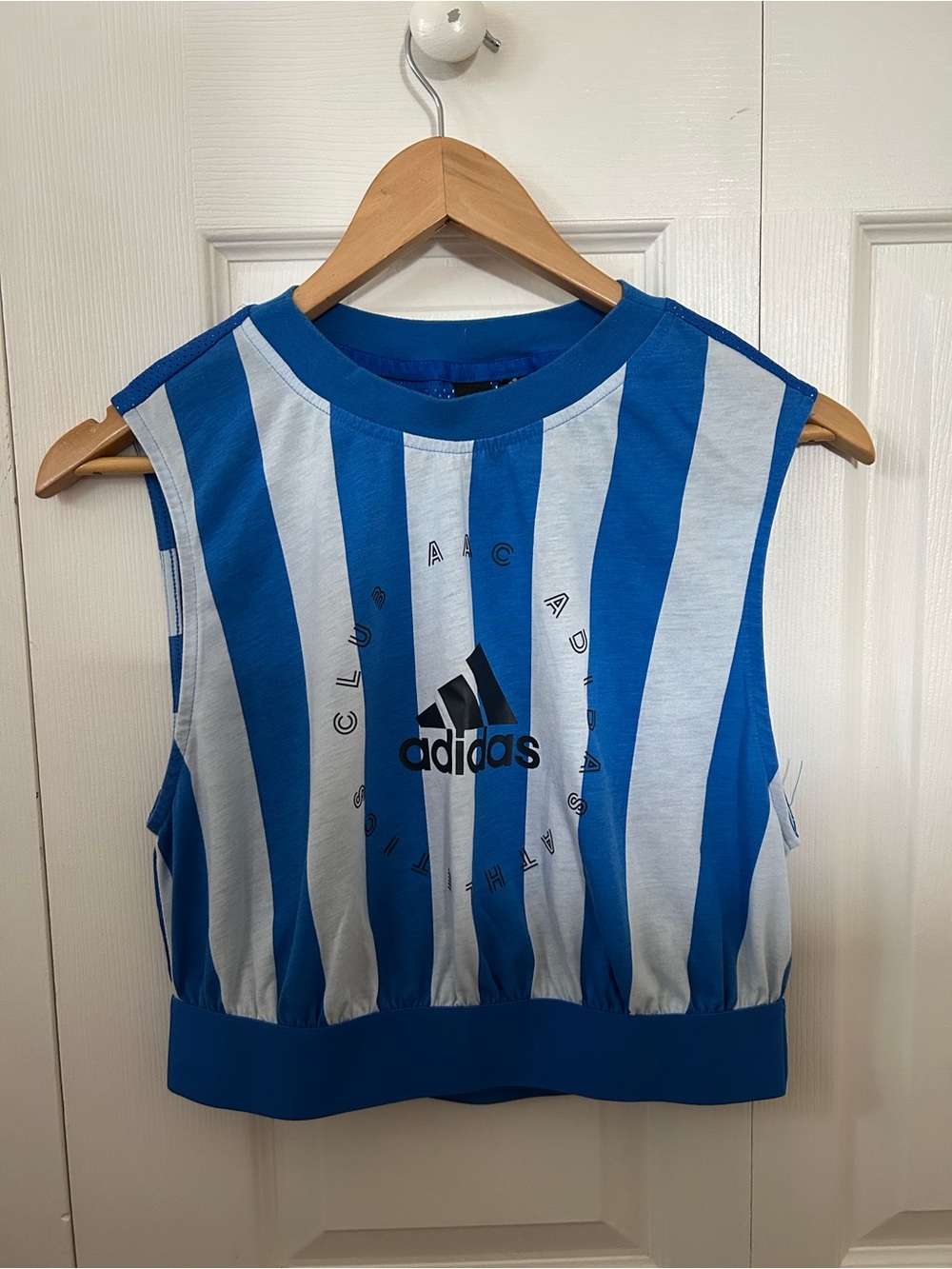 adidas Blue and White Striped Cropped Tank with mesh back